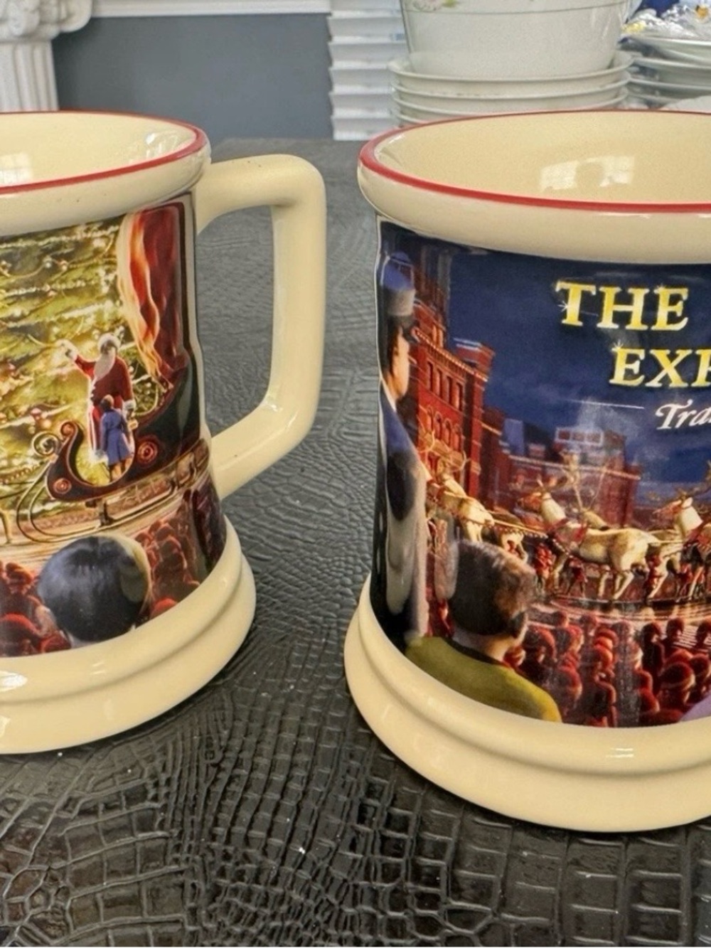 Cream Ceramic Holiday Scene Beer Stein Mug with Red Rim